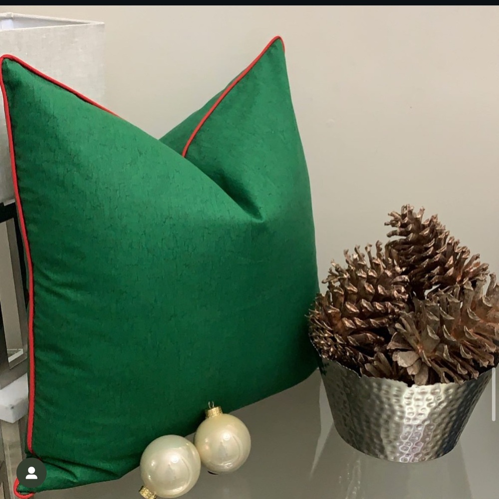 Handmade Green Holiday Throw Pillow with Red Trim set 20x20